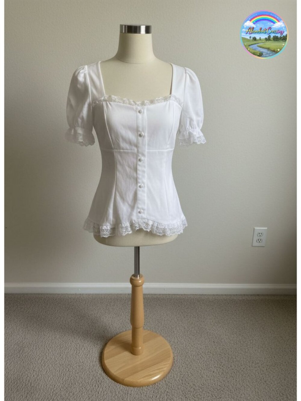 Renaissance Blouse Sweetheart Neck Puff Sleeve Lace Trim Victorian Style